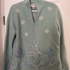 Vintage Talbots Holiday Sweater – Women’s Size M, Light Blue Wool Blend Pullover